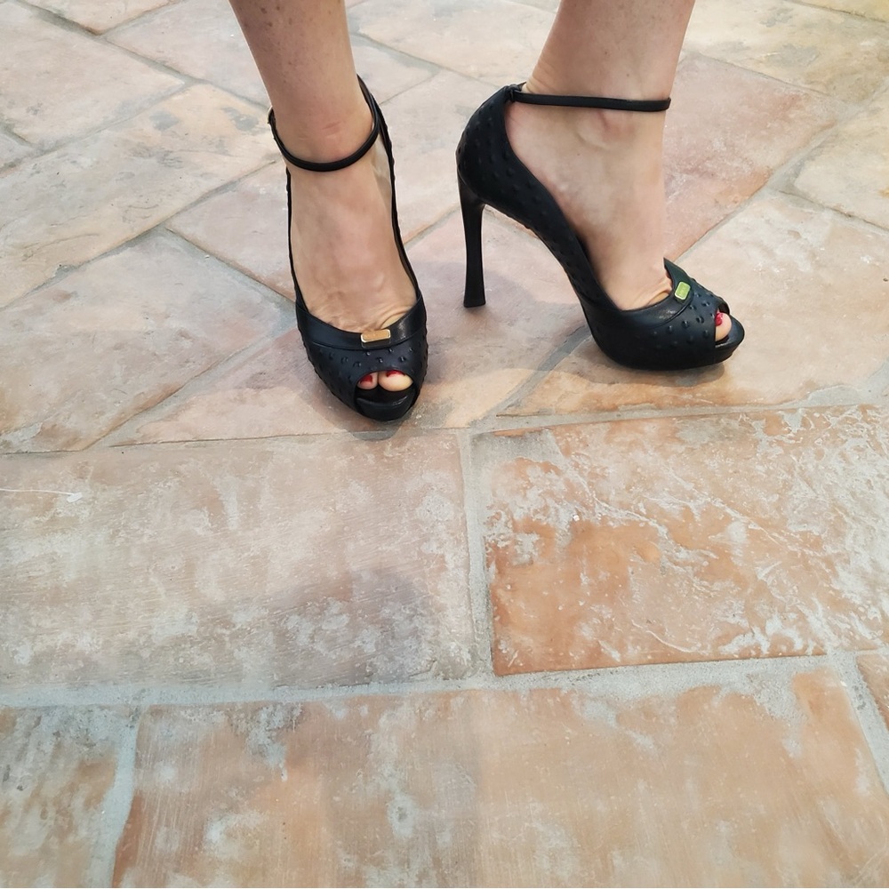 Escada Black Leather, Ostrich print, Peep Toe High Heels, 38.5